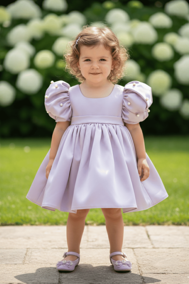 İncili Balon Kol Kız Çocuk Bebek Saten Lila Abiye Gelinlik Elbise