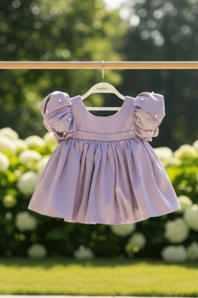 İncili Balon Kol Kız Çocuk Bebek Saten Lila Abiye Gelinlik Elbise