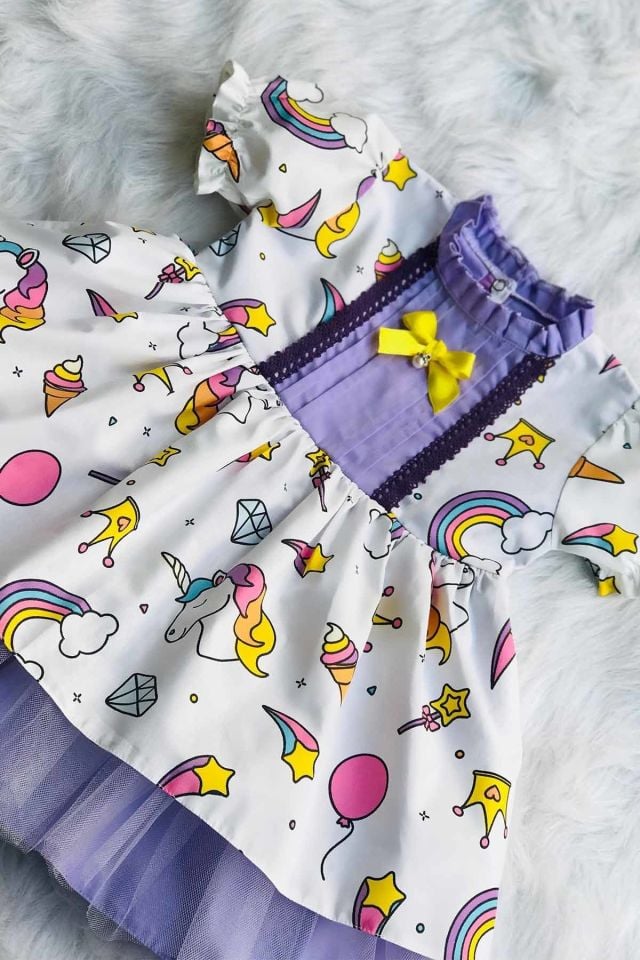 Unicorn Desenli Tül Etek Astarlı Lila Kız Çocuk Bebek Tasarım Elbise