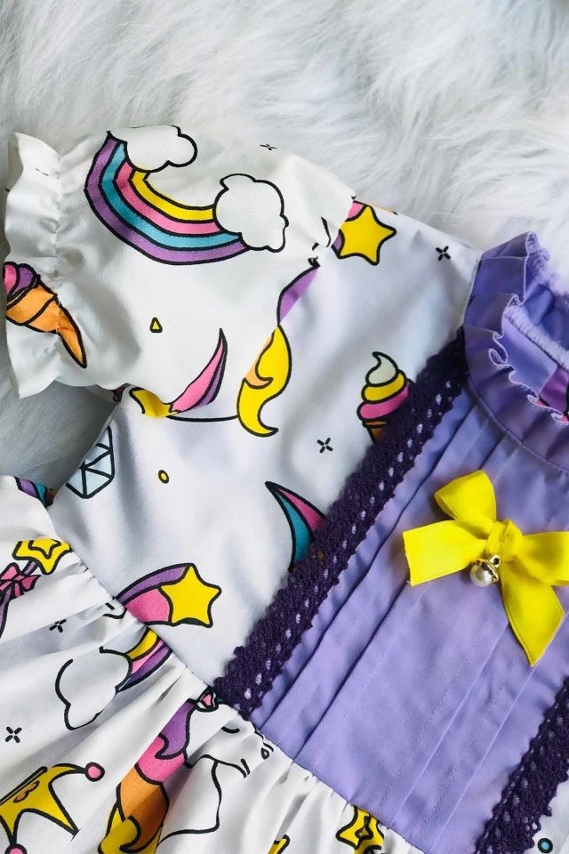 Unicorn Desenli Tül Etek Astarlı Lila Kız Çocuk Bebek Tasarım Elbise