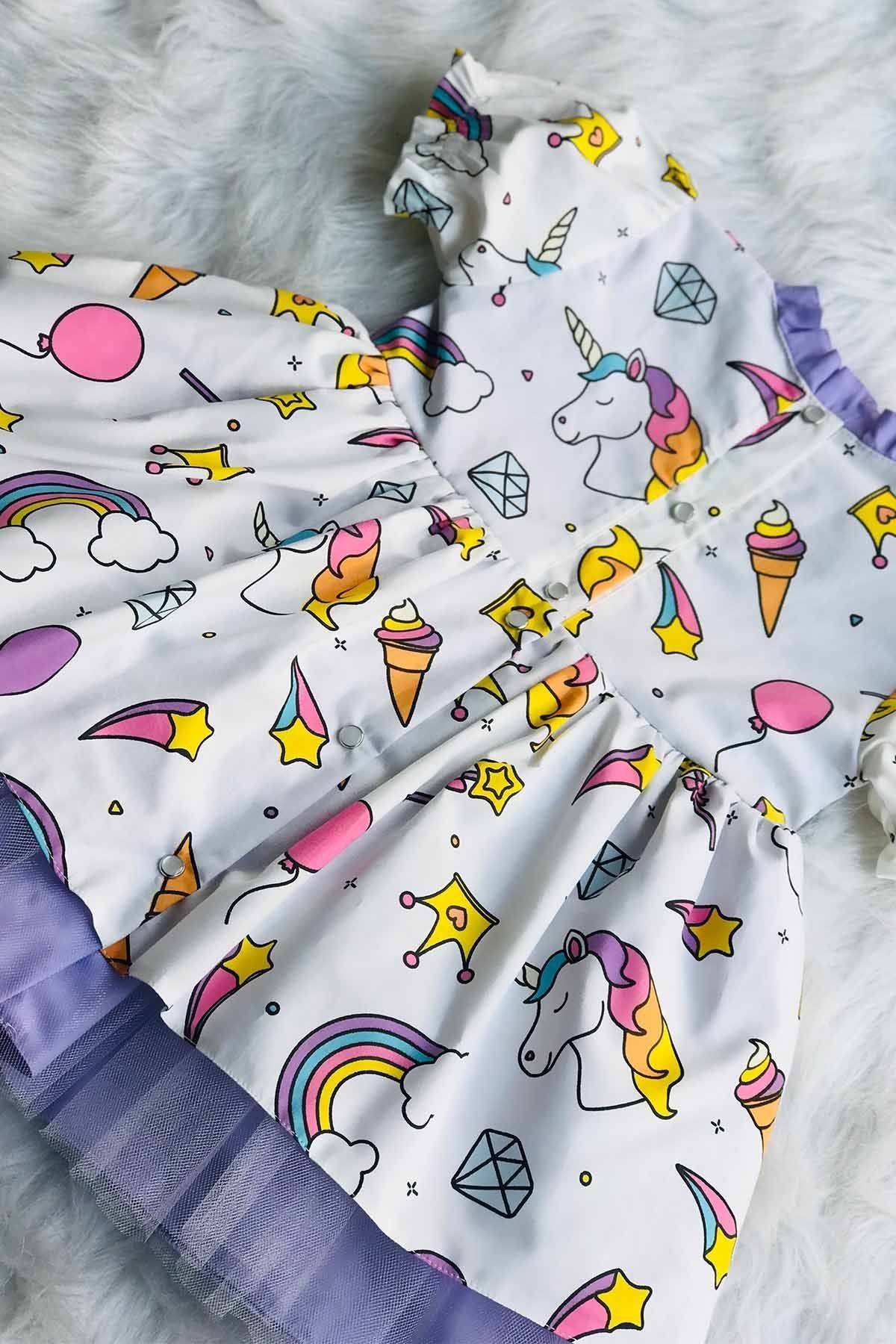 Einhorn gemusterter Tüllrock gefüttert lila Mädchen Baby Design Kleid