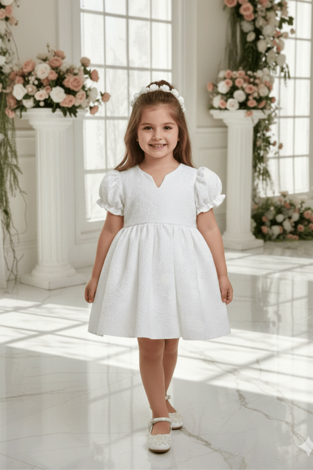 Krep Kabartma Desenli Kız Çocuk Bebek Beyaz Mevlüt Elbise