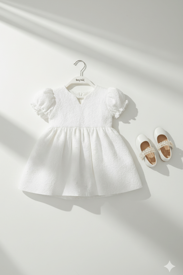 Krep Kabartma Desenli Kız Çocuk Bebek Beyaz Mevlüt Elbise