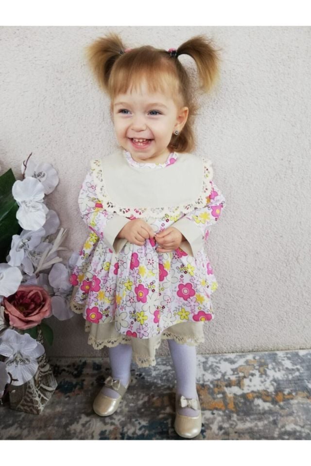 Kız Bebek Çocuk Bahriye Yaka Çiçekli Dantelli Renkli Elbise
