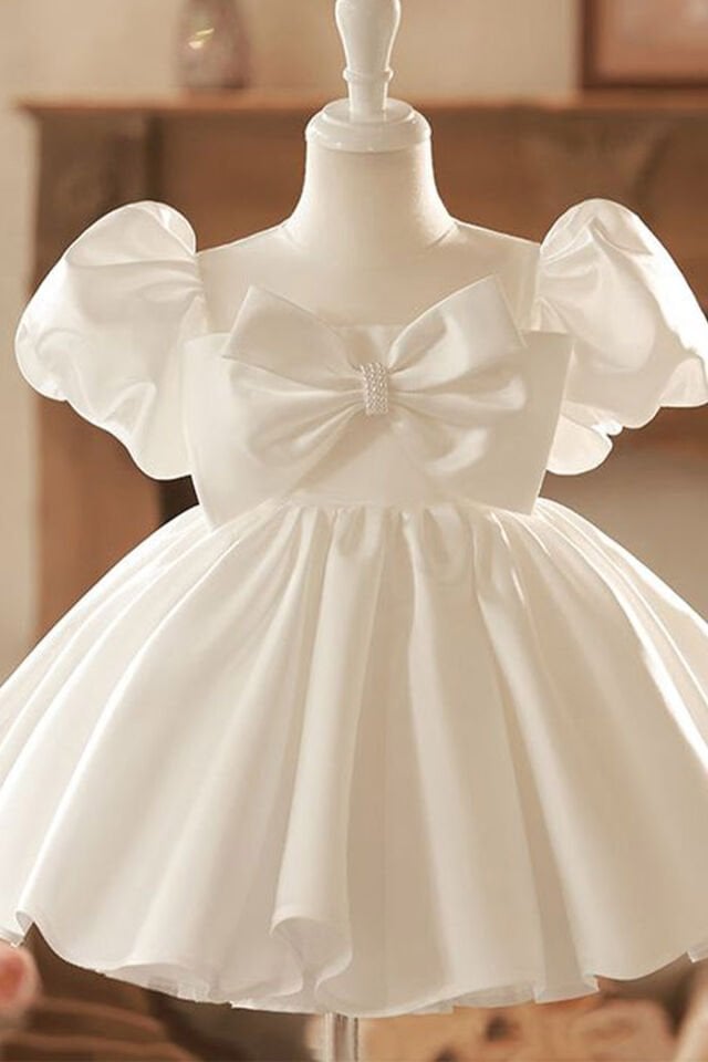 Bowknot Off White Baby Girl Satin Wedding Dress