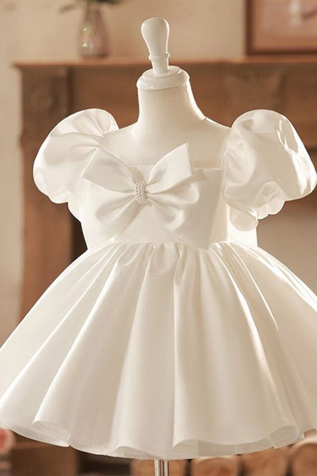 Bowknot Off White Baby Girl Satin Wedding Dress