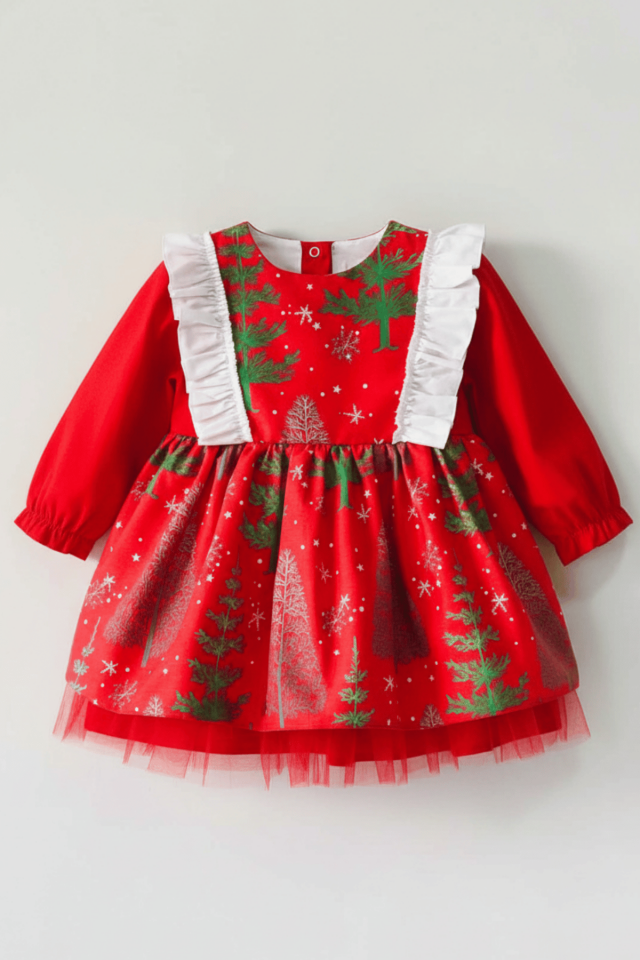 Yeniyıl Çam Ağaç Desenli Kırmızı Kız Çocuk Bebek Noel Elbise