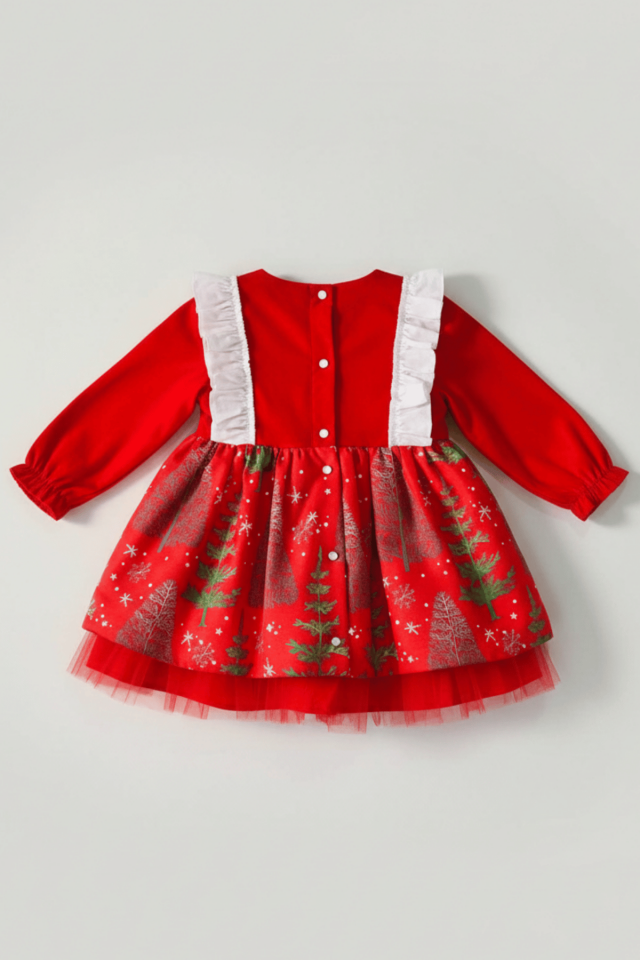 Yeniyıl Çam Ağaç Desenli Kırmızı Kız Çocuk Bebek Noel Elbise