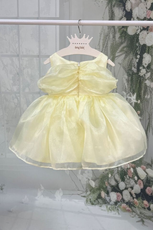 Organze Kız Çocuk Bebek Abiye Sarı Parlak Elbise