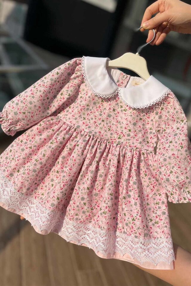 Bebe Yaka Dantel Detaylı Çiçekli Pembe Kız Çocuk Bebek Elbise