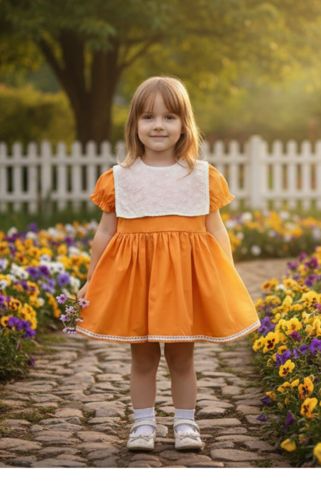 Orangefarbenes Kleid im Baby-Mädchen-Design mit ecrufarbenem Muschelkragen und Spitzendetail