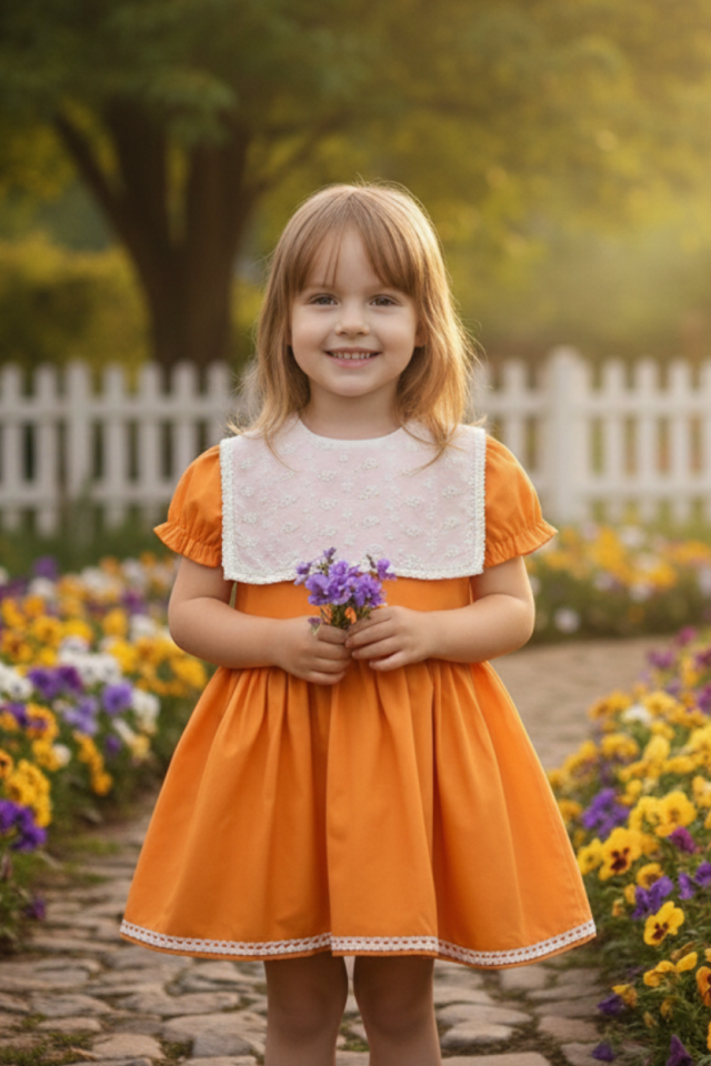Orangefarbenes Kleid im Baby-Mädchen-Design mit ecrufarbenem Muschelkragen und Spitzendetail