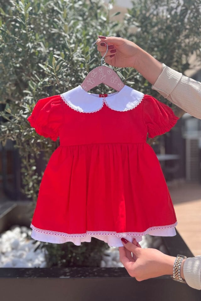 Bebe Yaka Dantel Detaylı Kırmızı Poplin Kız Çocuk Bebek Bayram Özel Gün Elbise