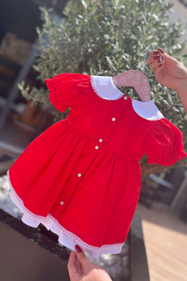 Bebe Yaka Dantel Detaylı Kırmızı Poplin Kız Çocuk Bebek Bayram Özel Gün Elbise