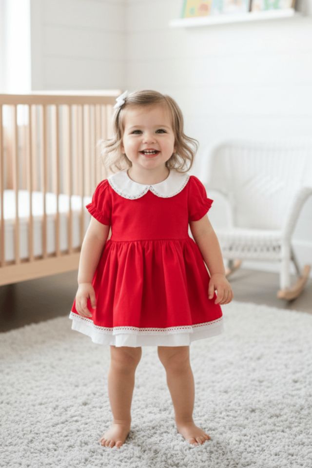 Baby Collar Lace Detailed Red Poplin Girl Baby Holiday Special Day Dress