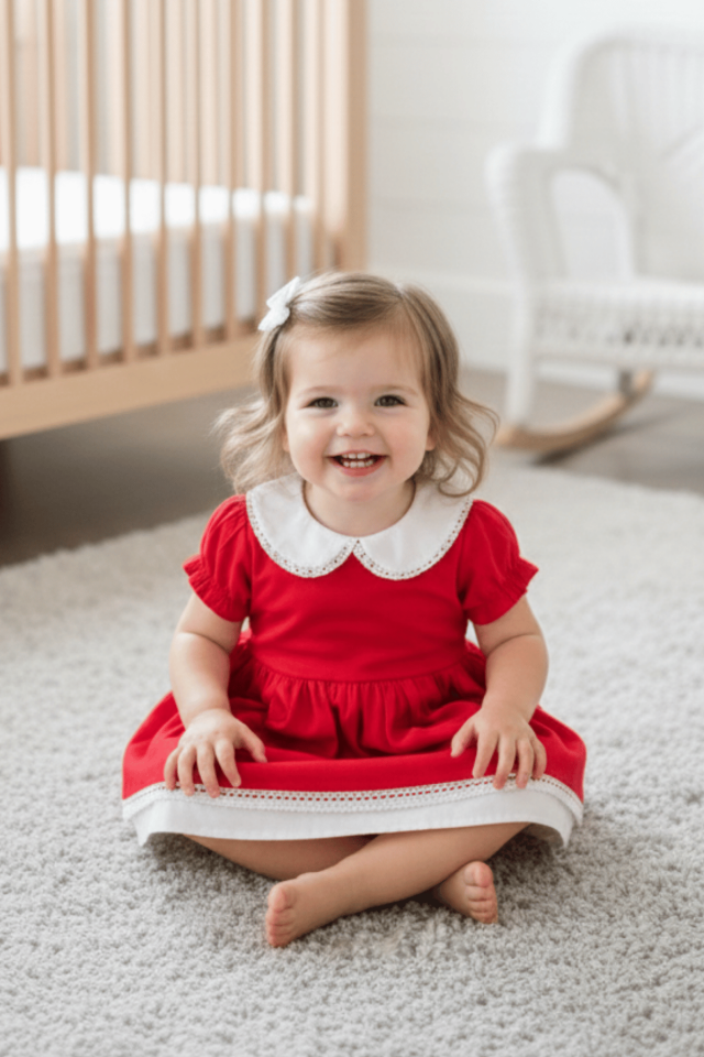 Baby Collar Lace Detailed Red Poplin Girl Baby Holiday Special Day Dress
