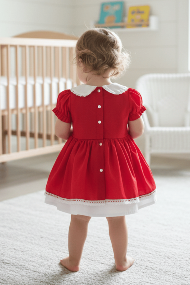 Bebe Yaka Dantel Detaylı Kırmızı Poplin Kız Çocuk Bebek Bayram Özel Gün Elbise
