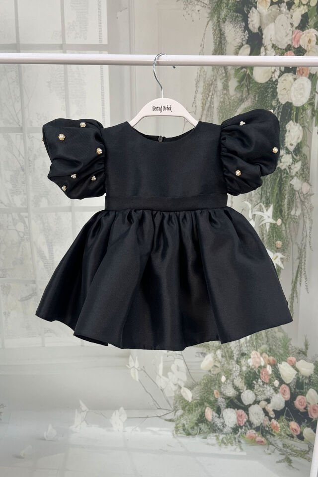 İncili Kız Çocuk Bebek Siyah Parlak Abiye Mikado Elbise