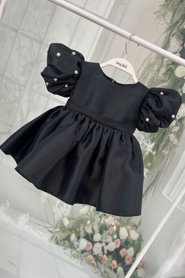 İncili Kız Çocuk Bebek Siyah Parlak Abiye Mikado Elbise