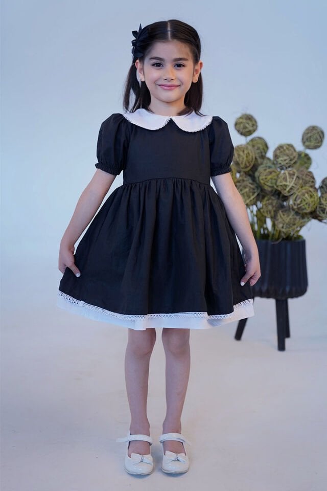 Dantel Detaylı Bebe Yaka Kız Çocuk Bebek Poplin Siyah Beyaz Elbise