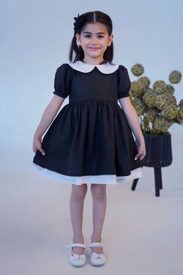 Dantel Detaylı Bebe Yaka Kız Çocuk Bebek Poplin Siyah Beyaz Elbise