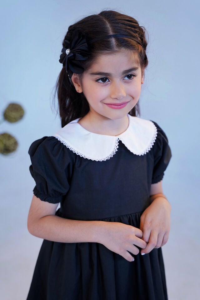Dantel Detaylı Bebe Yaka Kız Çocuk Bebek Poplin Siyah Beyaz Elbise