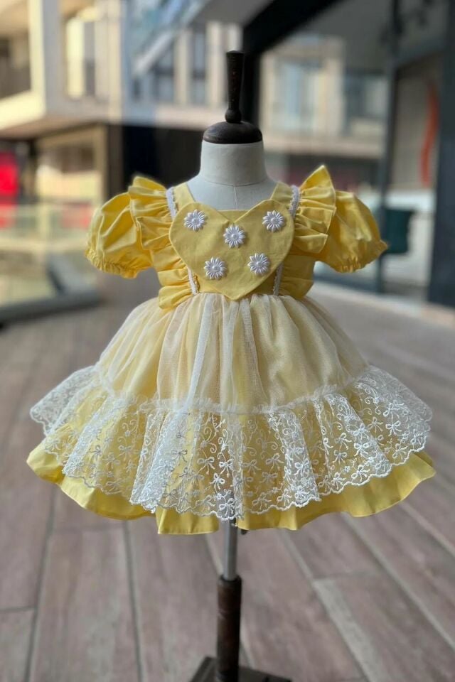 Güpür ve Fırfır Detaylı Sarı Papatya Kız Çocuk Bebek Pamuk Abiye Elbise