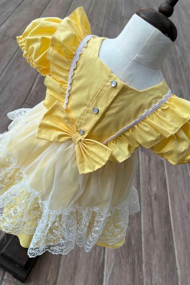Güpür ve Fırfır Detaylı Sarı Papatya Kız Çocuk Bebek Pamuk Abiye Elbise