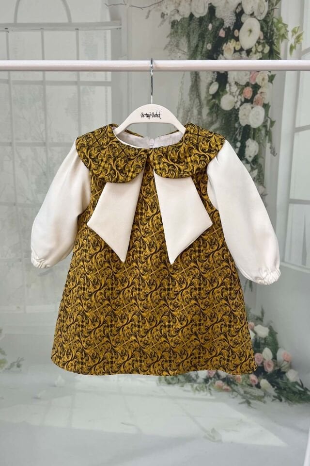 Sarı Siyah Kız Çocuk Bebek Jile Krep Brokar Elbise