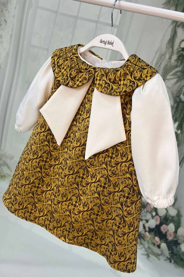 Sarı Siyah Kız Çocuk Bebek Jile Krep Brokar Elbise
