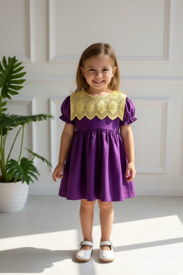 Sarı Güneş Fisto Yakalı Mor Poplin Kız Çocuk Bebek Elbise