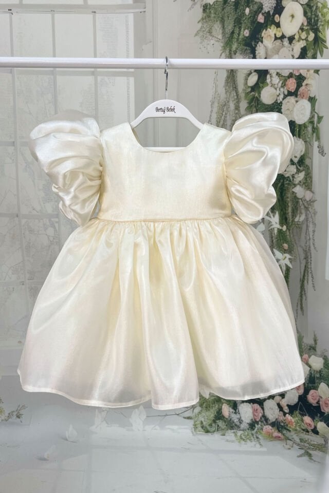 Ekru Krem Kız Çocuk Bebek Abiye Organze Elbise