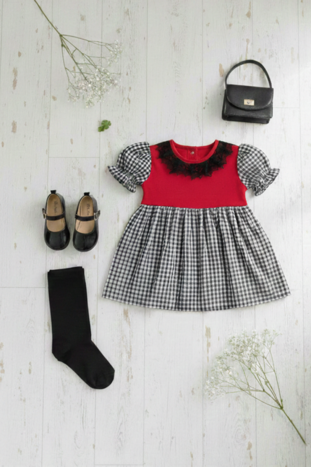 Spitzenkragen Gingham Rot Schwarz Mädchen Babykleid