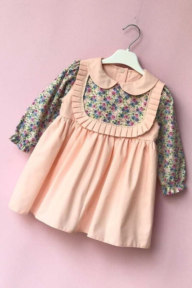 Bebe Yaka Pileli Çiçekli Pembe Kız Çocuk Bebek  Pamuklu Elbise