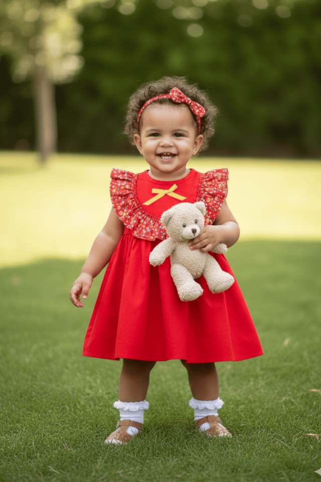 Çiçekli Fırfır ve Kurdele Detaylı Kırmızı Kız Çocuk Bebek Poplin Elbise