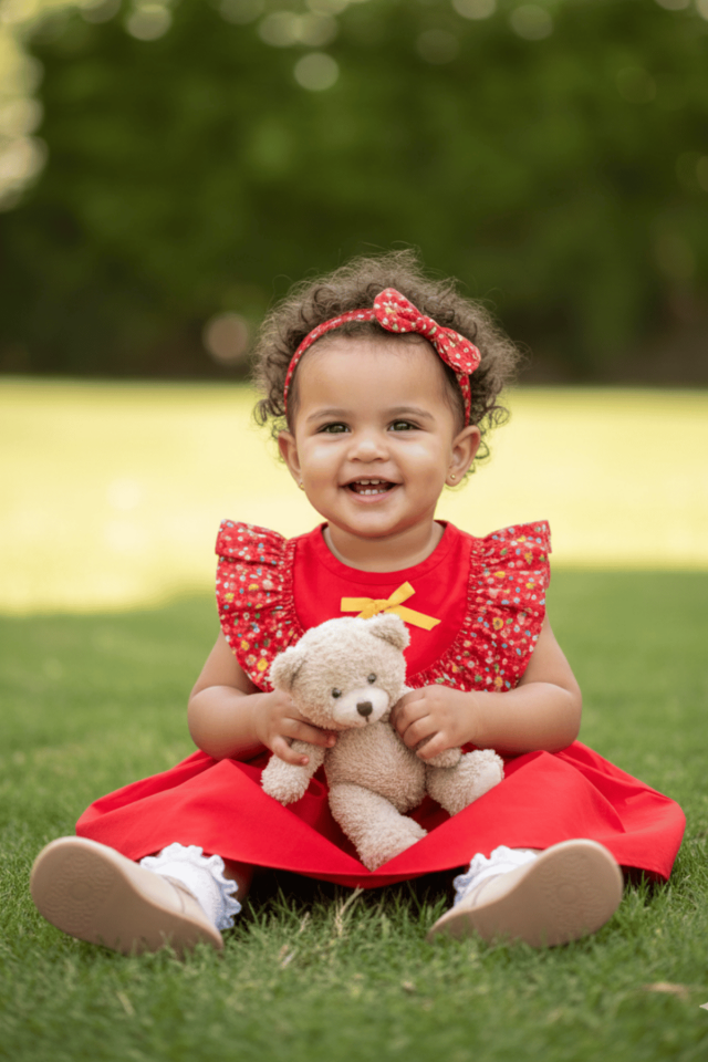 Çiçekli Fırfır ve Kurdele Detaylı Kırmızı Kız Çocuk Bebek Poplin Elbise