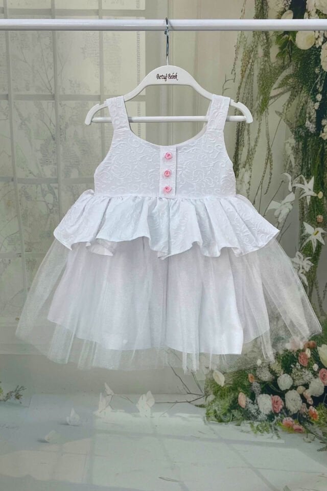 Beyaz Brokar ve Tül Kız Çocuk Bebek Elbise