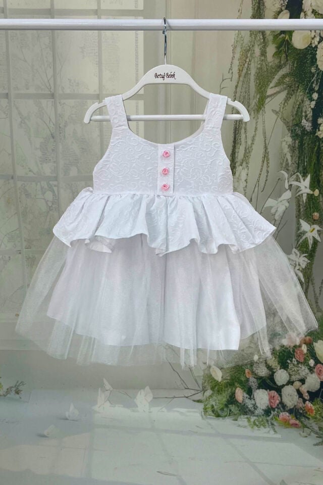 Beyaz Brokar ve Tül Kız Çocuk Bebek Elbise