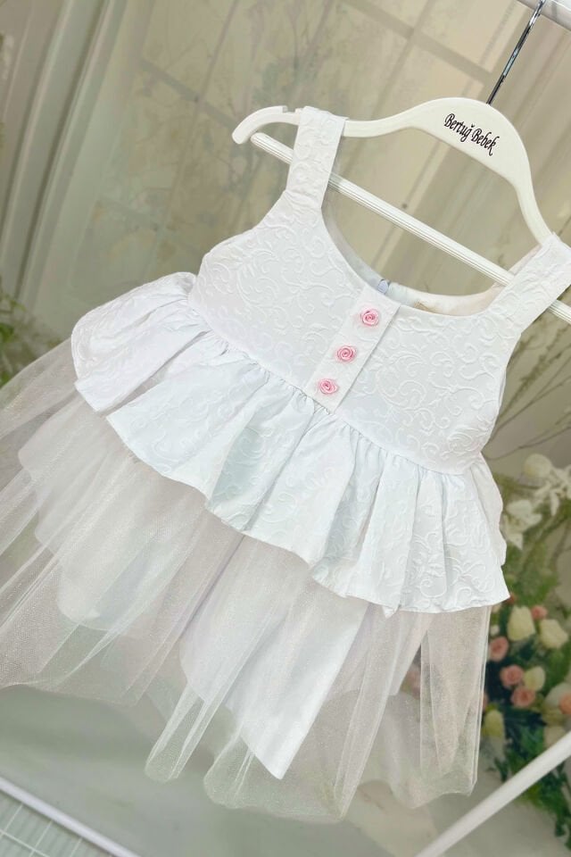 Beyaz Brokar ve Tül Kız Çocuk Bebek Elbise