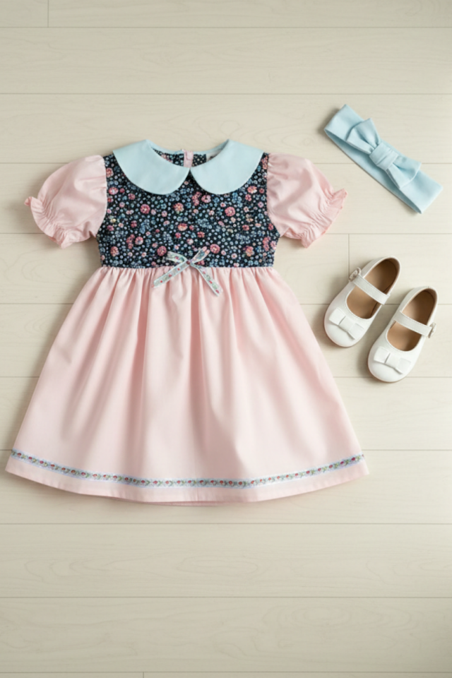 Baby Blue Pink Floral Girl Baby Spring Dress