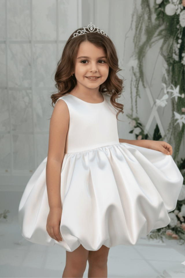 Balon Etek Kız Çocuk Bebek Abiye Saten Kırık Beyaz Elbise