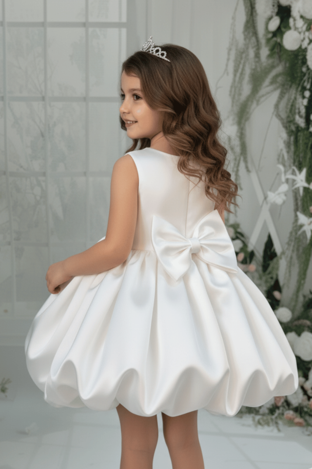 Balon Etek Kız Çocuk Bebek Abiye Saten Kırık Beyaz Elbise