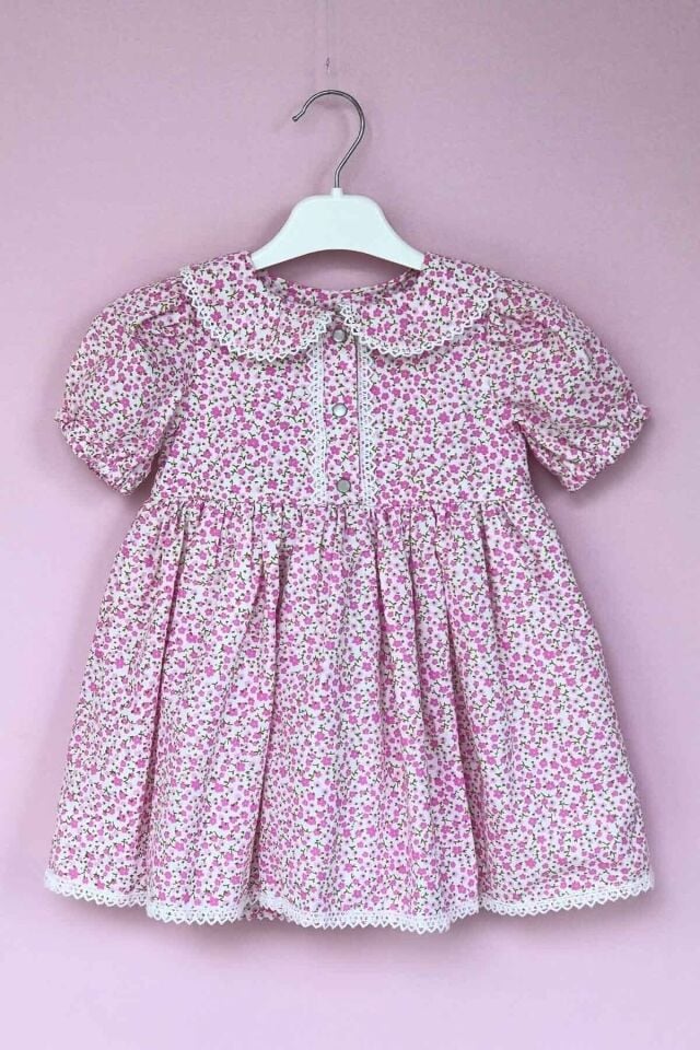 Dantel Detaylı Bebe Yaka Kız Çocuk Bebek Çiçekli Poplin Pembe Elbise