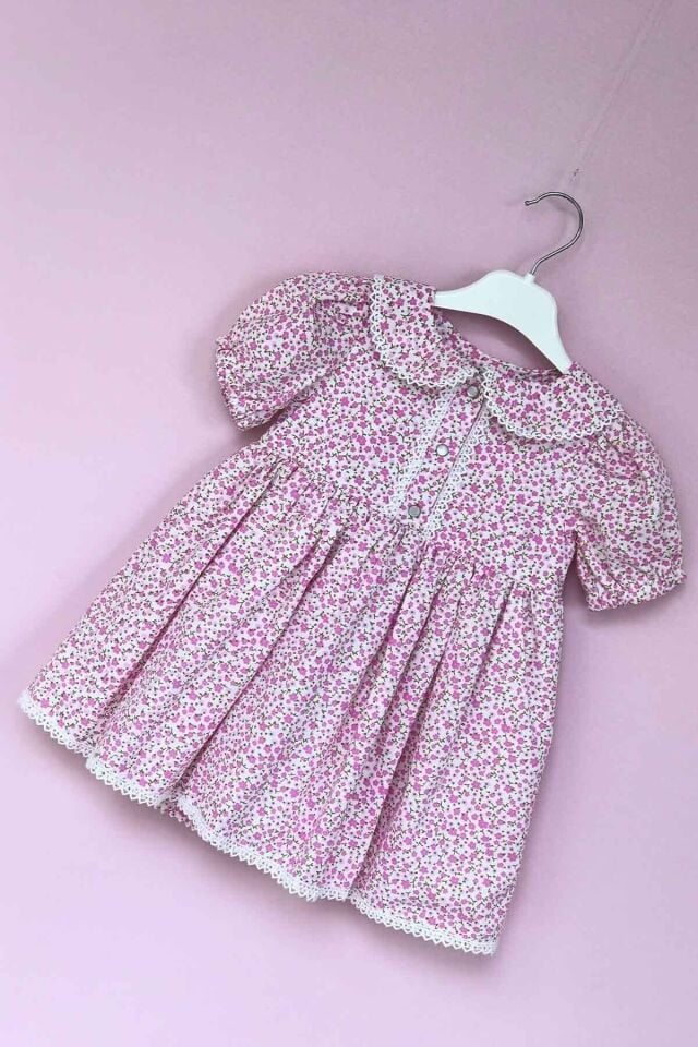 Dantel Detaylı Bebe Yaka Kız Çocuk Bebek Çiçekli Poplin Pembe Elbise