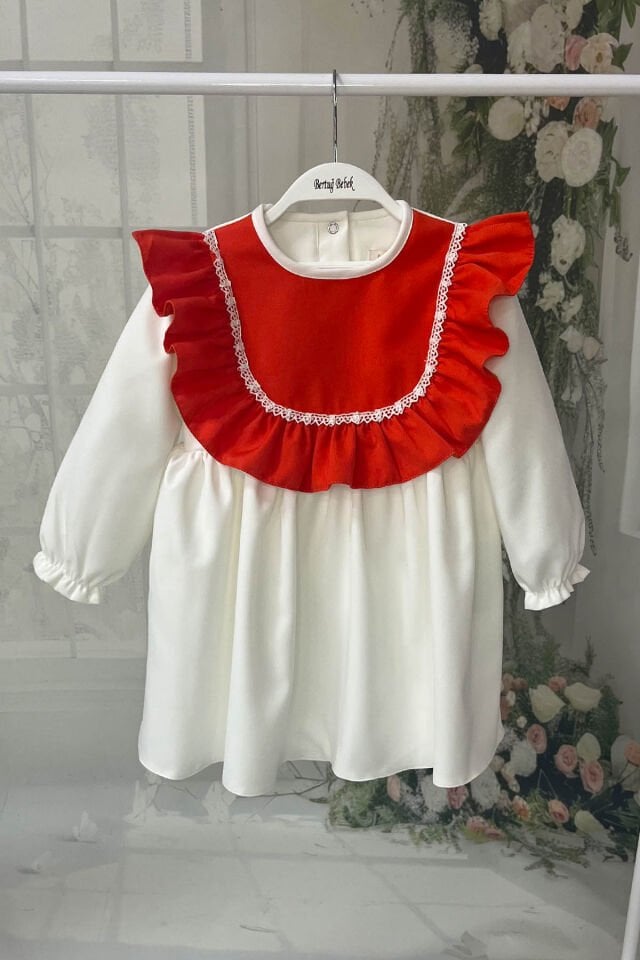 Dantelli Turuncu Beyaz Kız Çocuk Bebek Elbise