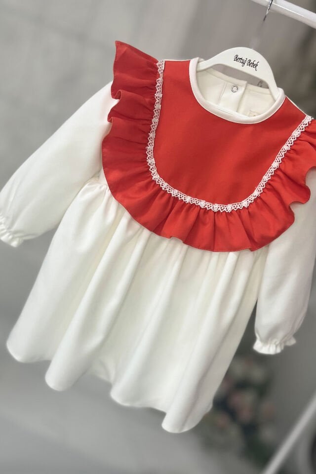 Dantelli Turuncu Beyaz Kız Çocuk Bebek Elbise