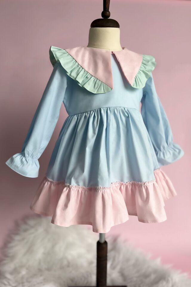 Fırfır Detaylı Çok Renkli Bebe Mavi Kız Çocuk Bebek Pamuk Tasarım Elbise