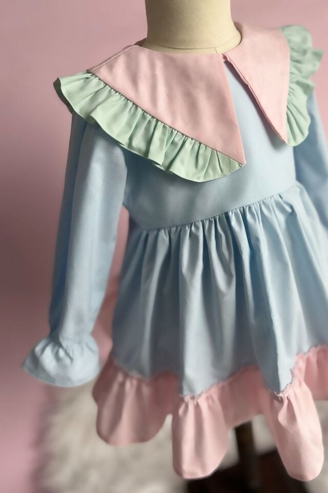 Fırfır Detaylı Çok Renkli Bebe Mavi Kız Çocuk Bebek Pamuk Tasarım Elbise