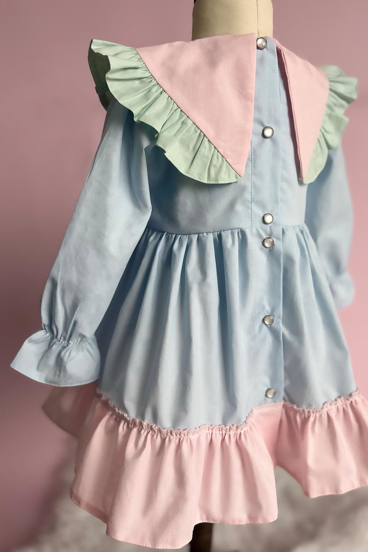 Fırfır Detaylı Çok Renkli Bebe Mavi Kız Çocuk Bebek Pamuk Tasarım Elbise