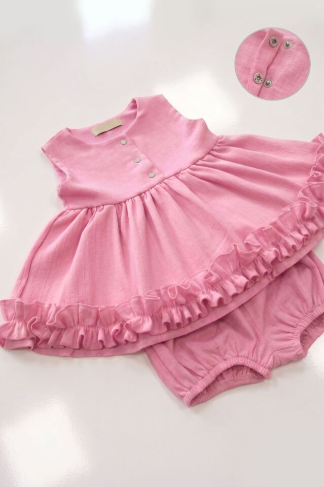 Şeker Pembe Şile Bezi Pamuklu Çıtçıtlı Alt Üst Kız Çocuk Bebek Kolsuz Takım